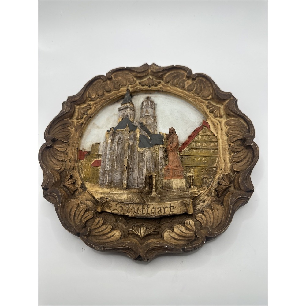 Vintage German 3D Carved Wooden/Resin Plate Stuttgart 9"